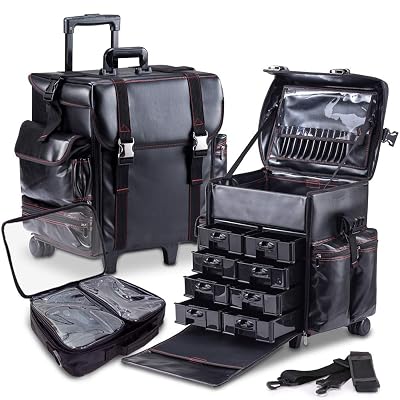 KIOTA - Professional Beauty Makeup Artist Case on Wheels, Soft Cosmetic Case with Trolley and Storage Drawers, Side Compartments and Brush Holders, ULTIMATE Series - Black Leather