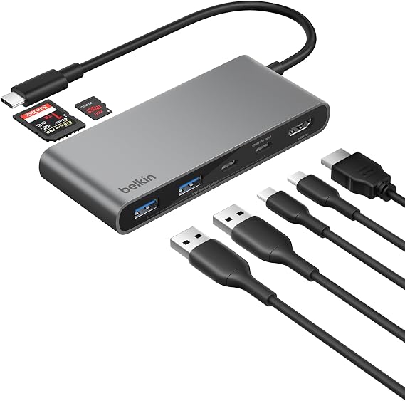 Belkin USB-C Hub, 7 Portlu, 60 Hz’de 4K HDMI Ekran Desteği, SD ve MicroSD Yuvaları, 100 W Güç İletimi, 5 Gbps Veri Aktarımı, MacBook, iPad Pro, Chromebook için USB-C Çoklu Port Adaptörü, HDMI 2.0, Gri