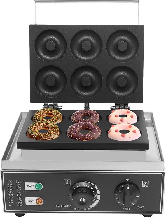 110V Commercial Donut Maker Machine, Electric Stainless Steel Doughnut Maker Double-Sided Heating, 6 Holes Double-Sided Heating Waffle Machine, Temperature 122-572F, for Restaurant and Home Use