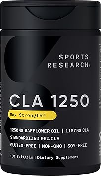 Sports Research CLA - 1250mg with Active Conjugated Linoleic Acid for Men and Women | Non-GMO, Soy & Gluten Free - 95% (180 Softgels)