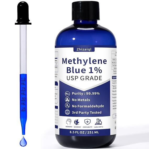 1% Methylene Blue, 250 mL (8.4 oz), Ultra-Pure Pharmaceutical Grade, 99.99% Pure (USP), 3rd Party Tested, No Formaldehyde, Supports Memory & Cognitive Function, Mental Energy & Clarify