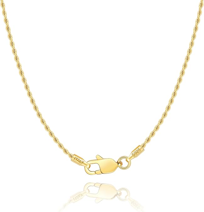 Jewlpire 18K Gold Plated 925 Sterling Silver Chain Necklace for Women, 1.35mm Rope Chain Necklace for Women Men Super Shiny & Durable Women's Chains Necklaces 16 18 20 22 24 26 Inch