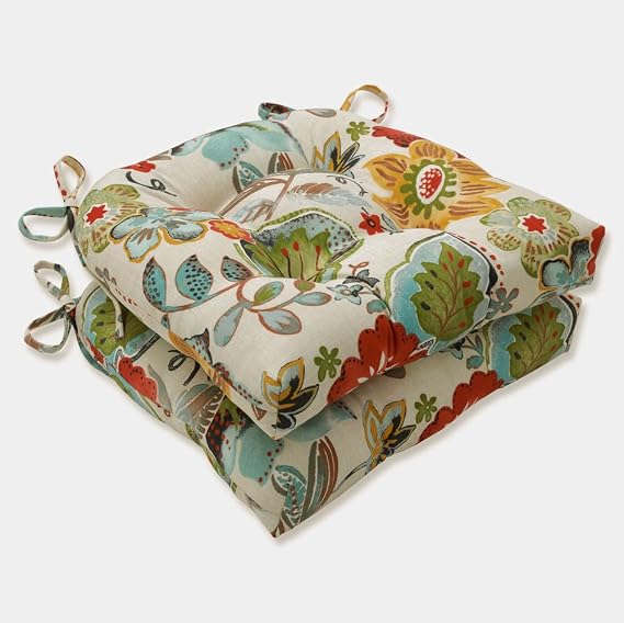Pillow Perfect Bright Floral Indoor/Outdoor Tufted Wicker Seat Cushion With Ties, 2 Count, 15.5" x 16", Ivory Alastriste