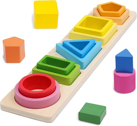 Montessori Toys for 1 Year Old Boys Girl, Wooden Colour Sorting Toddler Toy | Toys for 1 Year Old Boys, Colour Shape Sorter Geometric Stacking Blocks, Sensory Toddler Travel Toys Gift for Ages 1-3 Baby