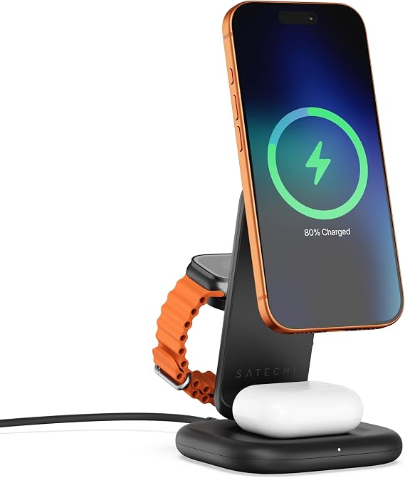 Satechi 3-in-1 Qi2 Wireless Charging Station, 25W Fast Magnetic Charger, Foldable Charging Stand for iPhone 17, Apple Watch Series 11, AirPods, 45W USB C Adapter Included, Space Black