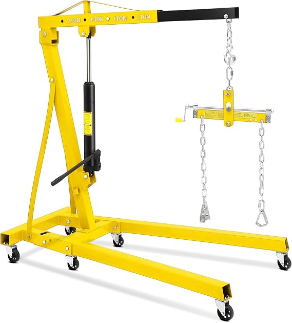 2 Ton Hydraulic Engine Hoist with Lever - 4400LB Folding Shop Crane with 6 Swivel Casters & Telescoping Boom, Foldable Cherry Picker Lift for Car/Truck Engines, Garage and Workshop Use, Yellow