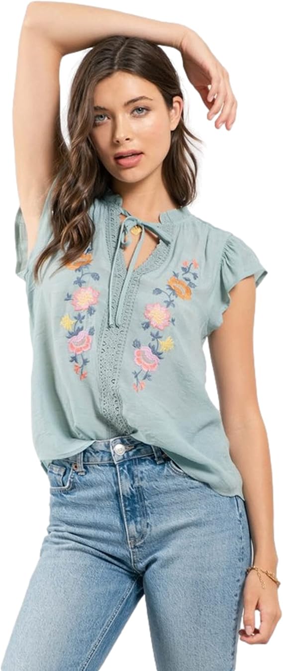 PacificPlex Womens Mexican Embroidered Top Floral Cotton Boho Tie Neck Peasant Blouse Shirt