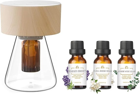 Minidiva Twilight Waterless Diffuser with Sweet Dreamscape Essential Oil Blends, Atomizing Diffuser with Essential Oil Set, Optional LED Light, Quiet, Battery Powered for Office Home -Woodgrain