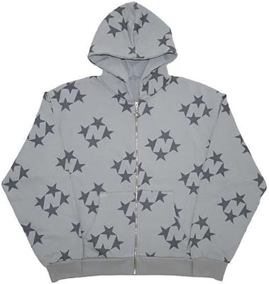 Womens Grunge Sweater Star Print Hooded Zipper Loose Y2k Unisex Streetwear Jacket