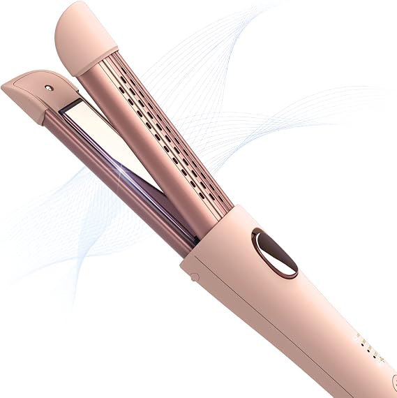 MIRACOMB Cool Air Curler Titanium Curling Wand 2 in 1 Hair Flat Iron 1 Styler for Loose Curls and Straight Styles, Max 430F, Auto Off, Dual Voltage (Pink)