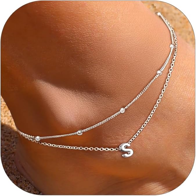 ChicSilver Ankle Bracelets for Women Waterproof, 925 Sterling Silver Initial Anklets for Women, Adjustable Dainty Layered Anklet Beach Jewelry for Women Mom Wife Friend