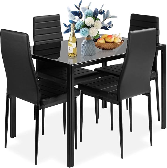 Henf 5 Piece Dining Room Table Set for 4, Dining Table Set with Tempered Glass Table Top and 4 Faux Leather Chairs for Small Spaces Kitchen, Black