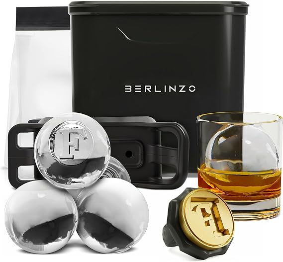 Berlinzo Premium Clear Ice Ball Maker Mold with F Stamp Ring - 2 Large 2.4" Crystal Clear Ice Balls - Easy-to-Remove Ice Sphere Mold - Storage Bag Included, Black (Non-Electric Ice Maker)