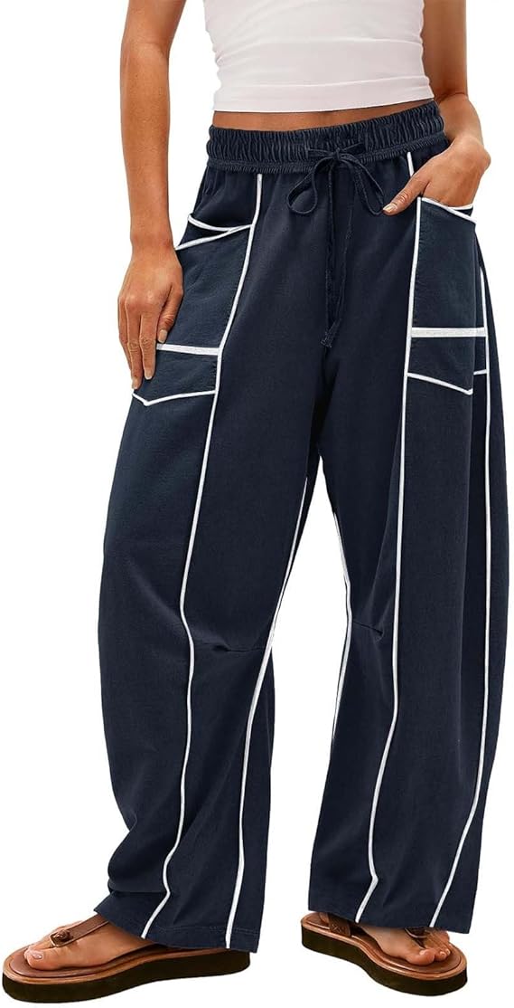 Barrel Lounge Pants Women High Waisted Wide Leg Sweatpants Drawstring Athletic Baggy Joggers Trousers with Pockets