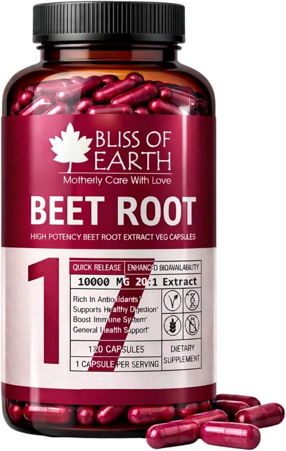 Bliss of Earth Beetroot Capsules |10000mg (20:1) High Potency Extract | 120 Veg Capsules | Rich in Antioxidants | Supports Energy, Digestion & Overall Wellness | Plant Based Supplement
