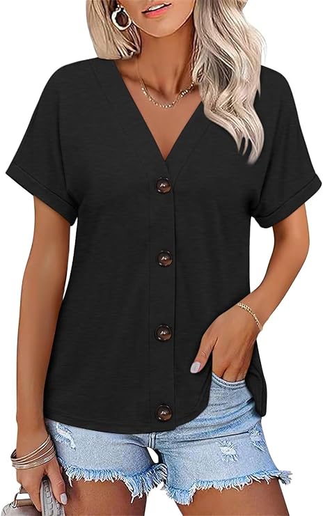 ORANDESIGNE Women's Short Sleeve Button Down Tops V Neck Summer Shirts