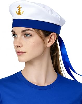 thuizen White Flat Top Sailor Captain Crew Hat, Nautical Yacht Party & Beach Holiday Costume Accessory for Adults, Teens