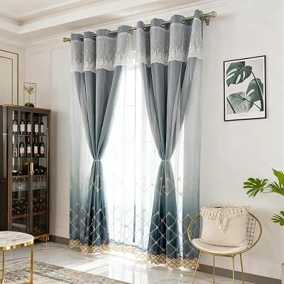 Amidoudou 1 Pair Double Layer Geometric Curtains for Living Room Gradient Diamond Pattern Embroidered Curtains for Bedroom Blue,54x95 Inch