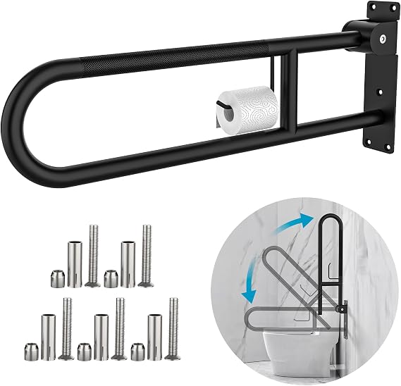 Toilet Grab Bar 32 Inch Black, Munzong Anti-Slip Flip-Up Handicap Grab Bars
