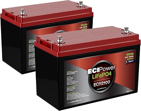 2 Pack ECI Power 12V 100Ah Lithium LiFePO4 Deep Cycle Rechargeable Battery | Bluetooth | 5000 Life Cycles & 10-Year Lifetime | Built-in BMS | RV, Van, Solar, Trolling Motor, Overland, Off-Grid