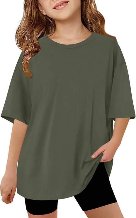 ZDC Girls Short Sleeve T Shirts Kids Summer Oversized Tops Trendy Crewneck Basic Tees 5-14 Years