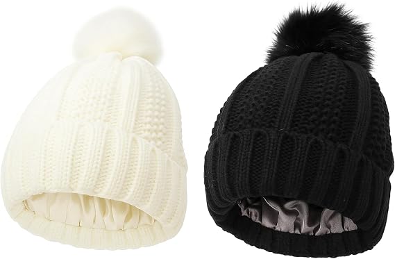 2PCS Satin Lined Beanie, Satin Lined Hat, Silk Lined Beanie for Women, Warm Winter Wooly Bobble Hat with Soft Inner Lining for Cold Weather Style and Protection. Black