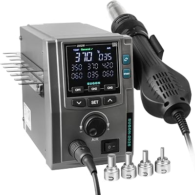 SUGON 2020D Hot Air Rework Station 700W High Power, Temp 212F-932F Fast Heating, F/C,3 Memory Storage, Automatic Sleep,110V Hot Air Gun Station with Quick Change Nozzle Bracket and 5 Nozzles