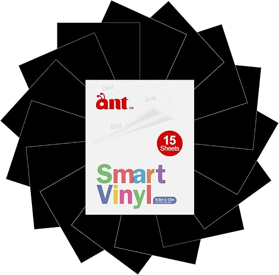 ANT Matte Black Permanent Vinyl Sheets 13" x 9.5" (15 Pack) - Smart Matless Vinyl for Cricut & Silhouette, Weather Resistant Adhesive Vinyl for DIY Decals, Stickers, Mugs & Walls - Easy Cut & Weed