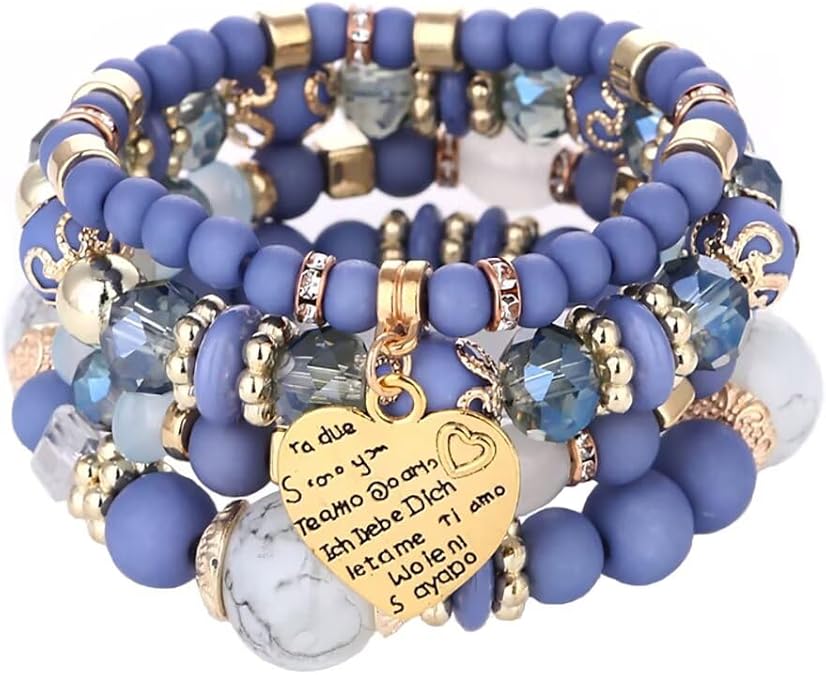 Bohemian Stackable Multi Layer Beaded Bracelets for Women Handmade Colorful Stacks Stretch Beads Heart Charm Elastic Bracelet Set Summer Beach Jewelry Gifts