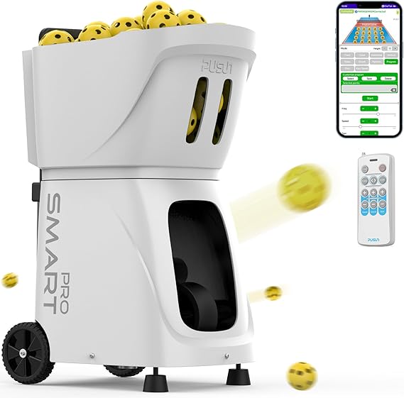 PP-SMARTPro Pickleball Machine - Premium Ball Feeder with Internal Rotation System, 80+ Ball Capacity, App Control, 20 Landing Points Programming, 4-6 Hour Battery, Adjustable Speed & Spin