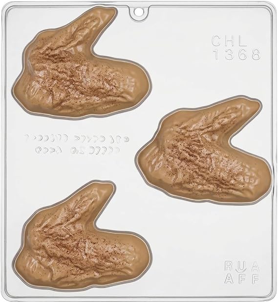 Chicken Wing Chocolate Candy Mold 1268, 3 Cavities, Each Piece Approximately 3.4" x 3.8", Makes Approximately 8 Wings per Pound of Chocolate