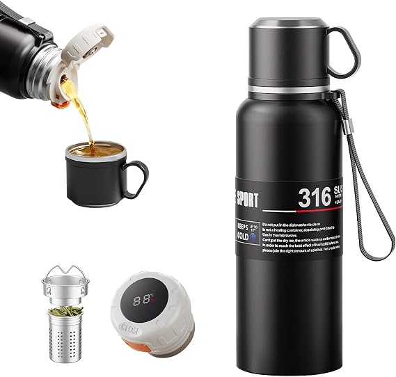 Double wall vacuum Leakproof stainless steel wide mouth insulated water bottle;tea tumbler with infuser,cup,lid;smart thermoses hot coffee;thermal flask ice drinks with led digital temperature display