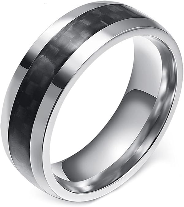 Black Stainless Steel Rings for Men, Wedding Bands for Men Silver Black 8MM with Carbon Fiber Inlay