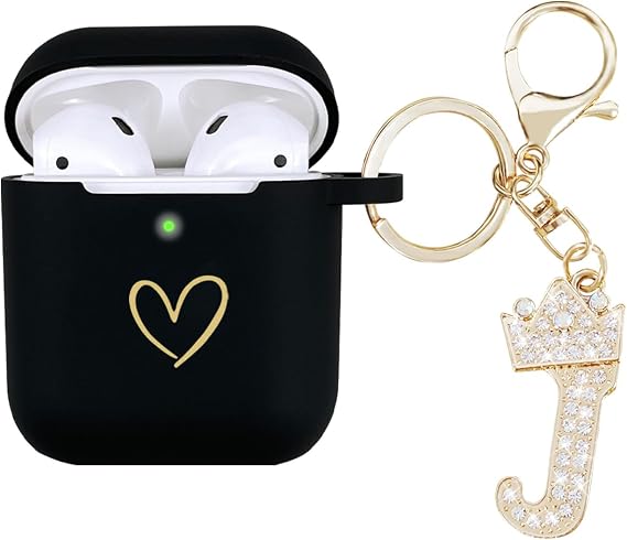 Compatible with AirPods Case Cover, Soft Silicone Case with Gold Heart Pattern for AirPods 2&1 Generation Case with Rhinestone Studded Letter A-Z Keychain (J Black)