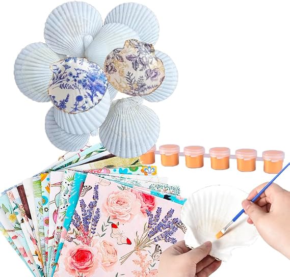15 Set Scallop Shells 4''-5'' White Natural Large for Crafts,30 Pcs Decoupage Paper Napkins, Acrylic Paint Strips & Brushes - Wedding Bells Decor, Home Decor, Vase Filler, DIY Arts Ornaments