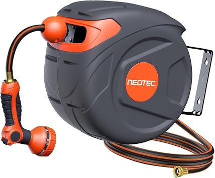 Retractable Hose Reel 1/2" 33ft, Wall Mounted Garden Water Hose with 9-Pattern Spray Nozzle, Automatic Rewind Any-Length Lock, Heavy Duty Watering Station for Yard, Patio, Car Washing
