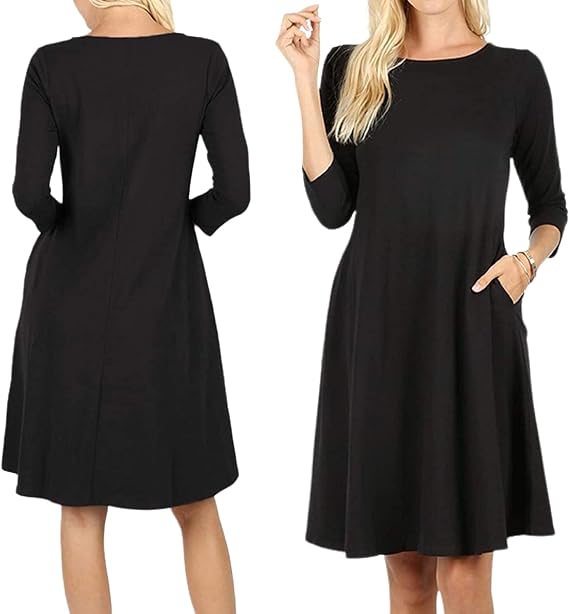 Premium Cotton Dress with Side Pockets 3/4 Sleeve Round Hem A-Line Dress