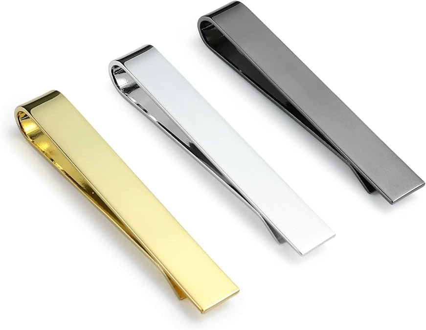 Tie Clip 3 Pcs Black Silver Gold Classic for Men