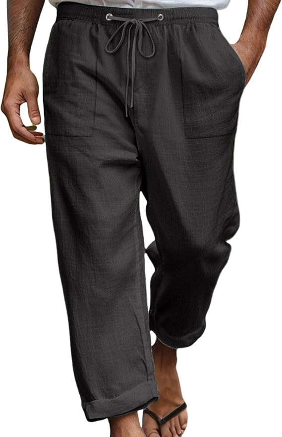 Mens Cotton Linen Harem Capri Pants Casual Lightweight Baggy Drawstring Stretch Yoga Pants Vacation 3/4 Beach Trousers
