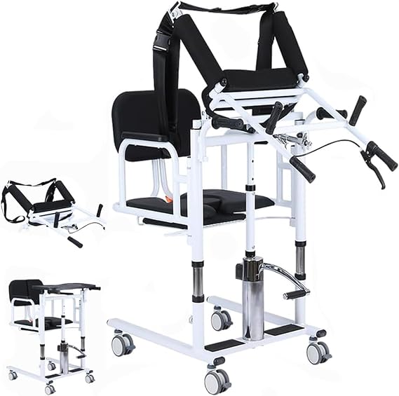 Hydraulic Patient Lift Aid Transfer Chair with Wheels, Wheelchair Lift Hoist for Lifting and Transferring Patients, Lift Bedside Commode Transfer Chair for Home Adults, Adjustable Height (Black, A)