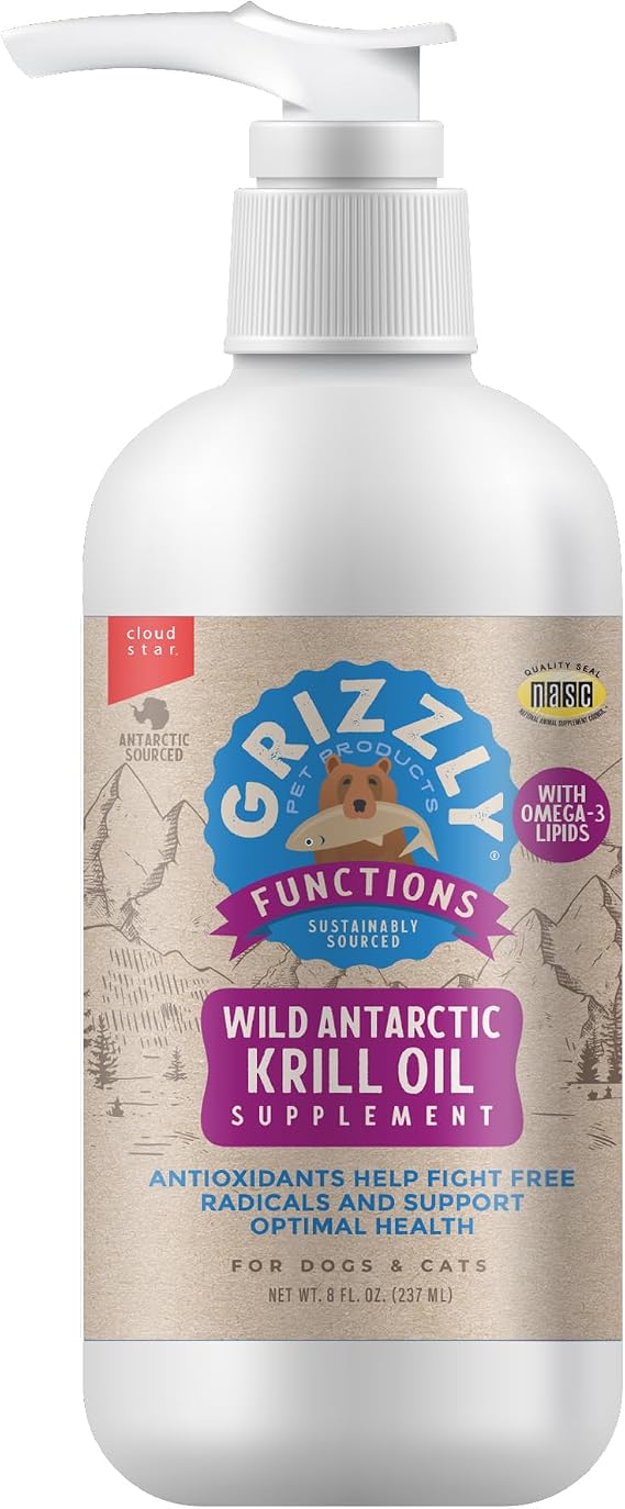 Grizzly Wild Antarctic Krill Oil All-Natural Antioxidant Dog Food Supplement, 8 oz