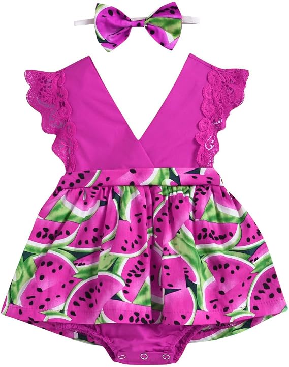 Infant Girl Lemon Watermelon Print Dress Headband,Baby Girls Sunmer Sleeveless Fruits Print Dresses