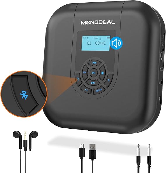MONODEAL CD Player Portable, Bluetooth CD Player with Speakers and FM Transmitter, Rechargeable 1800mAh Player for Car and Home with LED Screen