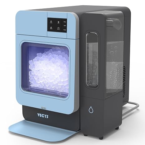 VECYS Nugget Countertop Ice Maker W/Side Tank, 44LBS Daily Ice Making Capacity, Portable Design Nugget Ice Maker Machine with Self-Clean Function, Blue