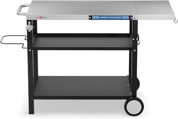 GasOne Stainless Steel Grill Table 44 x 20-inch Rolling Grill Cart Multifunctional Outdoor Side Table with Side Shelf, Trash Bag Hanger, Tool Holder Ideal for Food Prep, Pizza Oven, Griddle