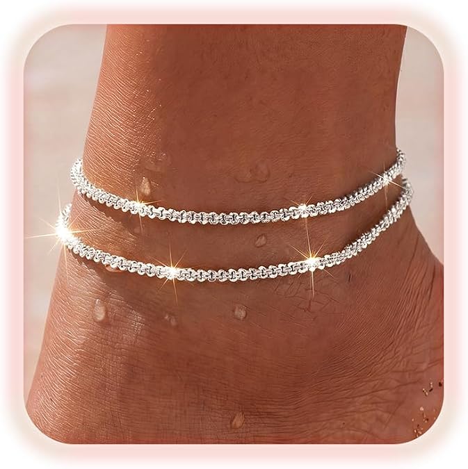 Dainty Ankle Bracelets for Women Waterproof, 14K Gold/Silver Plated Stackable Anklets Beaded Satellite Chain Ankle Bracelet Trendy Beach Summer Fashion Jewelry Gift