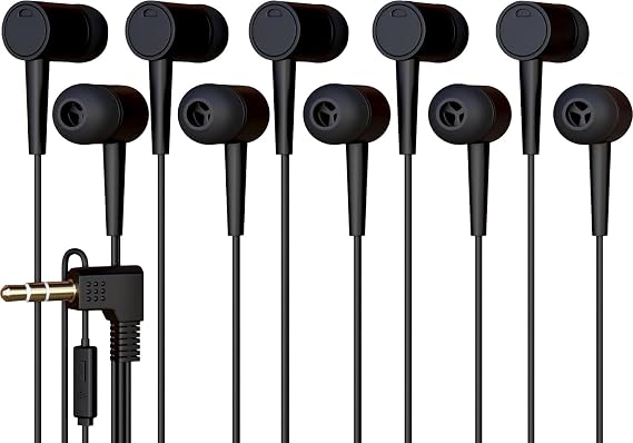 5 Pack Bulk Wired Earbuds with Microphone, In Ear Headphones 3.5mm Jack, 4ft Tangle Free Cable, Comfortable Fit, Affordable and Cost Effective, Ideal for School Classroom Testing Students, Black