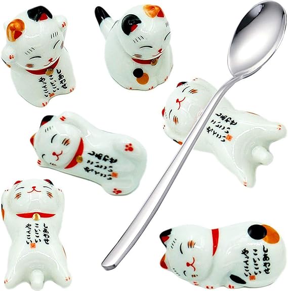 Pack of 6 Lovely Pandas Ceramic Chopsticks Spoon Forks Knives Tableware Rest Set, Panda Stand Festive Dinner Table Ornament (Lucky Cat Set)