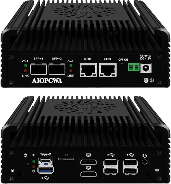 Mini PC Firewall Micro Appliance 2x10GbE SFP+, Intel 12th Generation N100 10Gigabit Mini PC, 2-Port i226V 2.5GbE LAN, OPNsense Hardware, USB3.2 Type-C, TF Slot, Dual Screen Output, DDR5 8GB