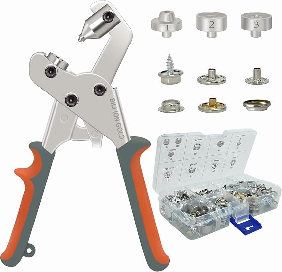 Snap Button Kit, BILLION GOLD Snap Fastener Tool 20 Sets Metal Snap Buttons | Heavy-Duty Snap Setter Pliers, Gold and Silver Snap Fasteners For Boat Covers, Canvas, DIY Leather, Fabric, Tarps